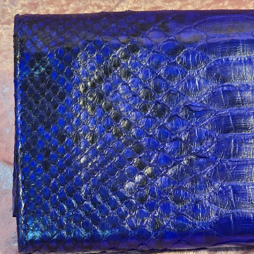 Electric Blue Snakeskin Python Trifold Wallet Gold Turn Lock Closure Luxury